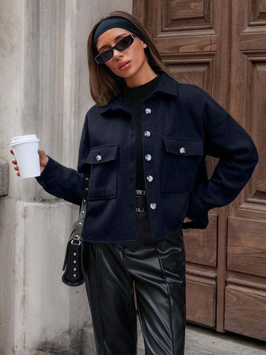 EURMUSE Casual Solid Color Cropped Jacket, Autumn/Winter - Black - View 1