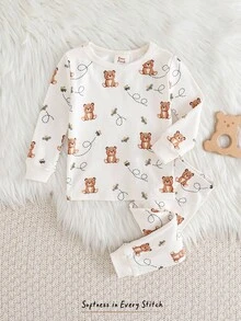 Cozy Pixies Set pigiama aderente per bambino, top a maniche lunghe con collo rotondo in maglia morbida a motivo di orsetti, pantaloni lunghi con vita elastica