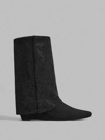 Ontre New Square Toe Rhinestone Embellished Casual Wedge Mid-Calf Boots For Women