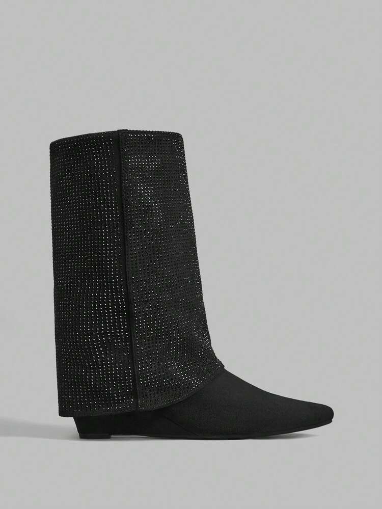 New Square Toe Rhinestone Embellished Casual Wedge Mid-Calf Boots For Women