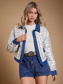 WESTFADE Women's White Floral Print & Denim-Look Mixed Media Jacket,Elegant Autumn Button Front Boxy Fit Collared Coat For Dates,Boho Western Country Concert - Multicolor - View 1
