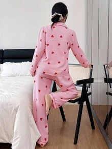 SHEIN 2件套粉色条纹爱心印花翻领长袖上衣和裤子睡衣套装，秋冬服装 - 紅色 - 查看 4