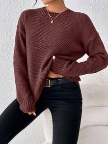 Women's Solid Color Round Neck Drop Shoulder Long Sleeve Casual Pullover Sweater, Autumn/Winter - Coffee Brown - View 4