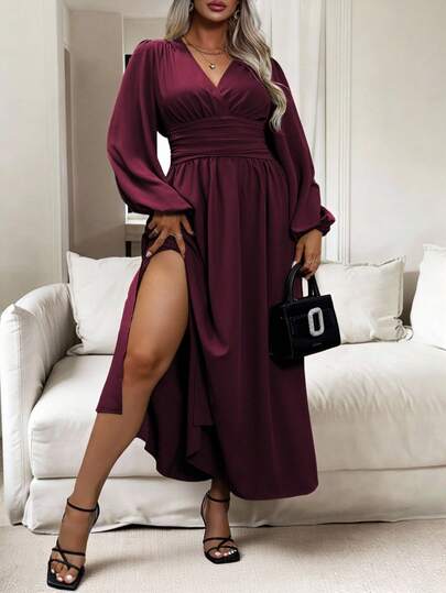 Vionelle Plus Size Women's Solid Color Lantern Sleeve Dress Maxi Women Outfit