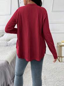 SHEIN 大码纯色 V 领长袖休闲 T 恤