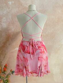 Soleia Plus Size Women Vacation Spaghetti Strap Mini Dress, Draped Neck, Backless, Bowknot , Fishtail, Sexy Style, Mini Dress, Tea Break, Shopping, Romantic, Date, Beach Outfit, Mesh, Young, Girlish - Pink - View 2