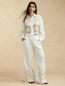 Easelle 女式刺绣前扣镂空长袖衬衫，春秋 - 白色 - 查看 8