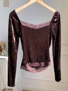 SHEIN EZwear Plus Size Women's Elegant Lace Patchwork Bow Decor Velvet Fitted T-Shirt, Spring/Autumn - Brown - View 2