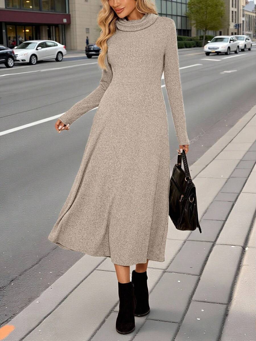 EMERY ROSE Women's Casual Solid Color Long Sleeve Dress, Autumn/Winter - Apricot - View 1