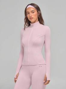 Fluxe Women's Slim Fit Zip-Up Long Sleeve T-Shirt, Soft Stretch Fabric, Stand Collar Design, Breathable And Comfortable Activewear Top - Pink - View 6