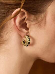 MOTF PREMIUM 2PCS BLACK DOUBLE LAYER CHAIN & ZIRCONIA STUD EARRINGS - Gold - View 5