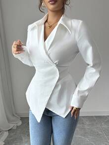 Elenzga Blouse à manches longues ajustée, asymétrique et froncée, de couleur unie, pour femmes - Blanc - Voir 4