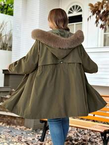 SHEIN CURVE+ Plus Size Women Casual Army Green Winter Parka,Hiking Long Padded Coat With Fur Hood,Lined,Drawstring Waist,Pockets,Ribbed Cuffs,Winter Jacket,8xl - Army Green - View 2