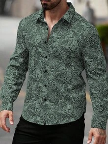 Manfinity LEGND Plus Size Men's Casual Paisley Print Button-Front Long Sleeve Shirt, Autumn - Mint Green - View 7
