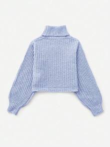 SHEIN Tween 女童纯色高领长袖休闲毛衣，秋冬 - 淺藍色 - 查看 2