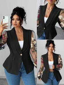 Elenzga 加大码刺绣透明网眼拼接夹克，腰部收紧，简约优雅的设计，适合日常穿着，适合多种场合 - 黑色 - 查看 6