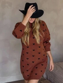 Vivie Lora Women's Loose Heart All-Over Print Knee-Length Sweater Dress - Orange - View 5