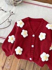 SHEIN LMoss Kids LMoss Baby Girl Cute Floral 3D Knit Long Sleeve Cardigan, Autumn Winter