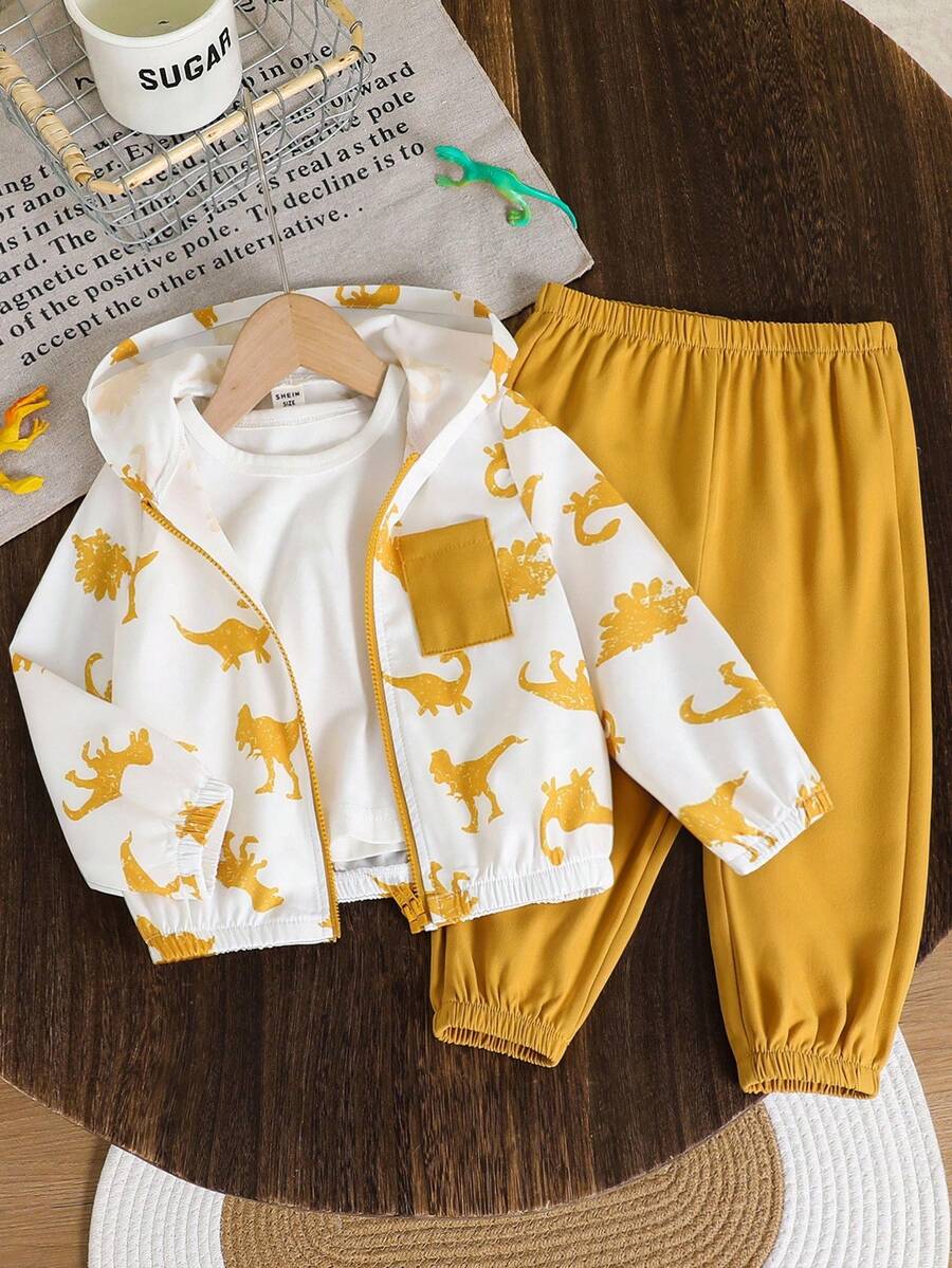2pcs Baby/Toddler Dinosaur Print Contrast Color Hooded Jacket And Solid Color Pants Set, Suitable For Outdoor Travel, Spring/Summer/Autumn