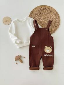 男婴可爱休闲百搭针织长袖上衣和卡通图案围兜裤套装 - 白色 - 查看 7