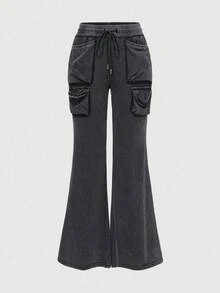 ROMWE Grunge Punk Y2K 复古水洗 3D 口袋装饰蓬松超大超低腰运动裤 - 黑色 - 查看 1