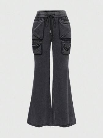 Grunge Punk Pantalon de survêtement surdimensionné à taille très basse, avec poches 3D, effet lavé vintage Y2K et aspect moelleux