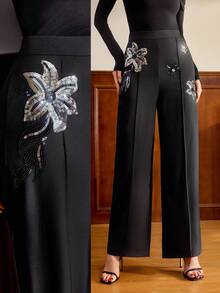Vintamour Vintage Elegant Party Women's Pants With Pockets Beaded Embroidery Casual Wear Work Travel Holiday High Waist Pants Palazzo Pants Women Elegant Pants For Women Sequin Pants Black Palazzo Pants Fall For Women Winter Christmas Autumn For Women Christmas For Women Thanksgiving For Women Party - Black - View 8