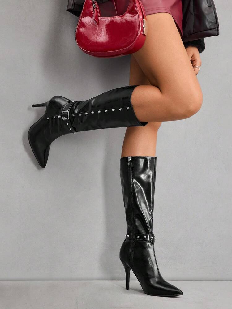 CUCCOO SZL Pointed Toe Stiletto Rivet Decor Sexy Elegant Fashion Knee-High Boots