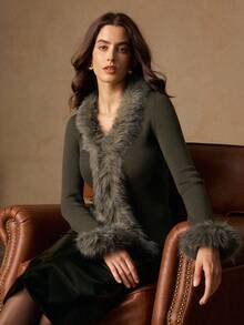 Anewsta 修身性感复古V领拼接毛绒圣诞绿色开衫，百搭女士秋冬服装 - 軍綠色 - 查看 5