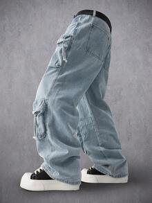 Manfinity Denimwave 男士休闲直筒工装裤，街头风格 - 淺色水洗藍 - 查看 3