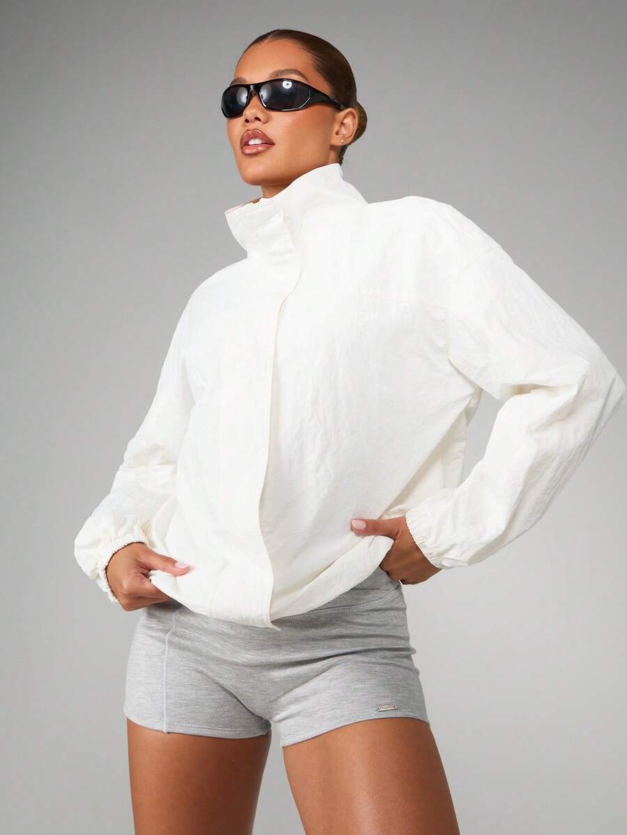 MISSGUIDED Lightweight Windbreaker Stand Collar Cropped Puffer Elastic Cuff Fall Spring Fashion Stylish Outerwear - White - View 1