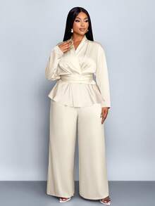 SOLERSUN Ensemble femme grande taille, couleur unie, élégant, col V, manches longues, satin, ourlet asymétrique chemise et pantalon droit jambe large, élégant, deux pièces, décontracté, ample, polyvalent pour tous les jours