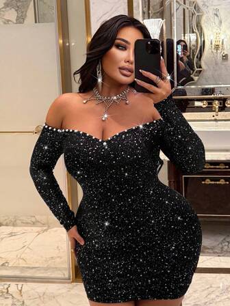 NU&NOW Black Metallic Shiny Slim Fit Pearl Mesh Fabric Party Elegant Banquet Holiday Sexy Fashion Versatile New Must-Have High-End Elegant Plus Size Women Dress, Suitable For Spring, Autumn And Winter