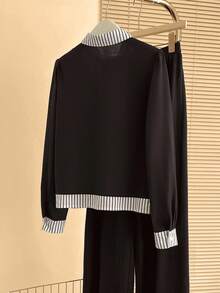 Resyla Women's New Striped Shirt & Wide Leg Pants 2 Pieces Set, Autumn/Winter Outfit - Black - View 2