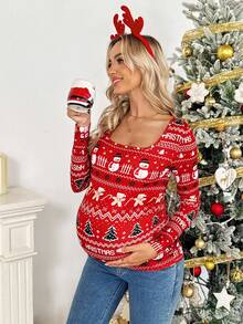 SHEIN Maternity Christmas Autumn And Winter Casual Christmas Scoop Neck Snowman, Gingerbread Man, Christmas Tree Print Long Sleeve T-Shirt Red Winter Top