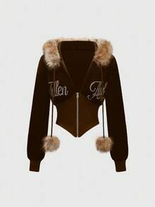 ROMWE J-Fashion 女式天鹅绒 Y2K 水钻拼布连帽领不对称下摆长袖上衣和喇叭裤 2 件套 - 咖啡棕 - 查看 7