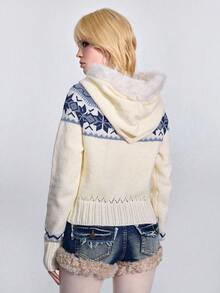 ROMWE Avant American Vintage College Style Sweet & Spicy Fuzzy Knit Atmosphere Beige Fitted Short Zip-Up Hooded Long Sleeve Cardigan Sweater For Women, Autumn/Winter