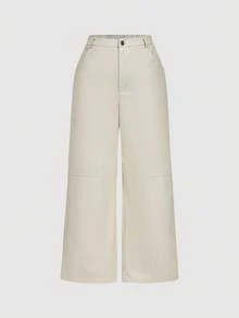 SHEIN MOD Beige Solid Design Patchwork Side Pocket Plus Size Straight Leg Pants - Beige - View 1