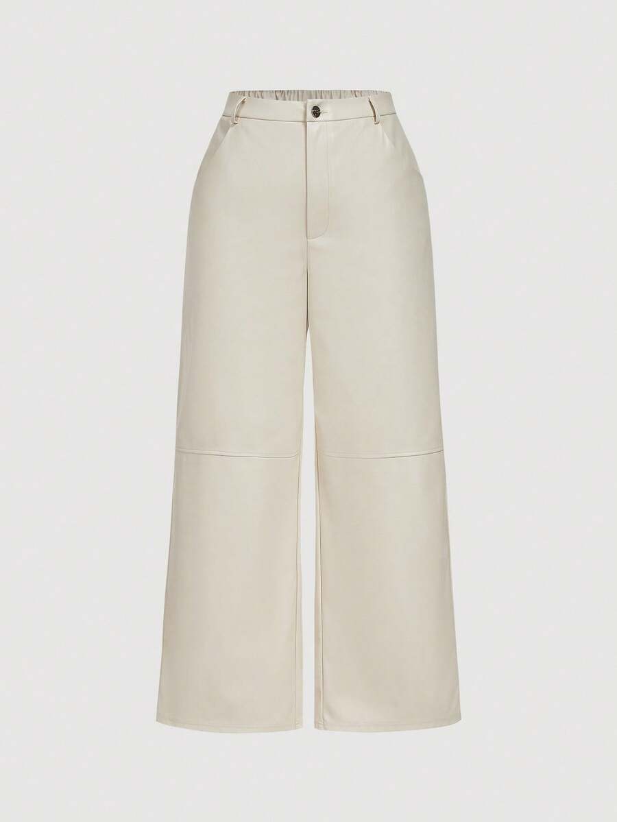 SHEIN MOD Beige Solid Design Patchwork Side Pocket Plus Size Straight Leg Pants - Beige - View 1