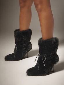 SHUZIA Botas de tacón de aguja con puntera puntiaguda, de piel sintética esponjosa y suave, para mujer, cómodas y cálidas para invierno, fiestas y ocasiones especiales - Negro - Ver 4