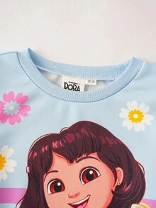 DORA | SHEIN 2件套年轻女孩休闲卡通图案圆领长袖运动衫和裤子针织套装 - 藍色 - 查看 6