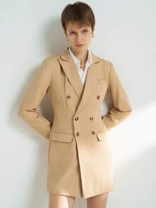 INAWLY Women's Solid Color Lapel NeckLong Sleeve Double-Breasted Blazer Dress, Office Wear - Bronze - View 1