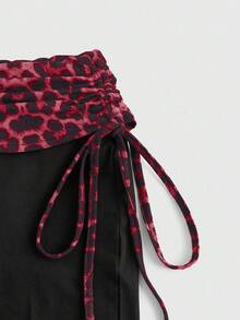 ROMWE Spring/Summer 2pcs Women's Sexy Set - Rhinestone Letter & Leopard Print Bandeau Crop Top And Drawstring Pants - Red - View 11