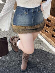 SHEIN EZwear Váy denim nữ cỡ lớn mùa đông, váy ngắn denim chắp vá cổ điển, cao bồi, mùa đông - Rửa trung bình - Xem 4