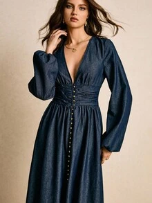 Poéselle Vestido jeans longo extra longo com manga lanterna retrô feminino, vestido ocidental, vestido longo de manga comprida para mulheres, vestido longo jeans para mulheres, vestido jeans de manga comprida para mulheres, vestido longo casual para mulheres - Lavagem escura - Ver 4