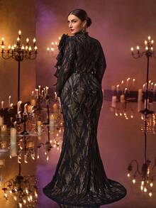 Glamrae Váy đen thanh lịch cỡ lớn thêu sequin màu sâm panh, cổ đứng, tay dài, dáng đuôi cá có đuôi, thích hợp cho các buổi lễ kỷ niệm, tiệc tùng, đám cưới, sự kiện trang trọng - màu đen - Xem 4