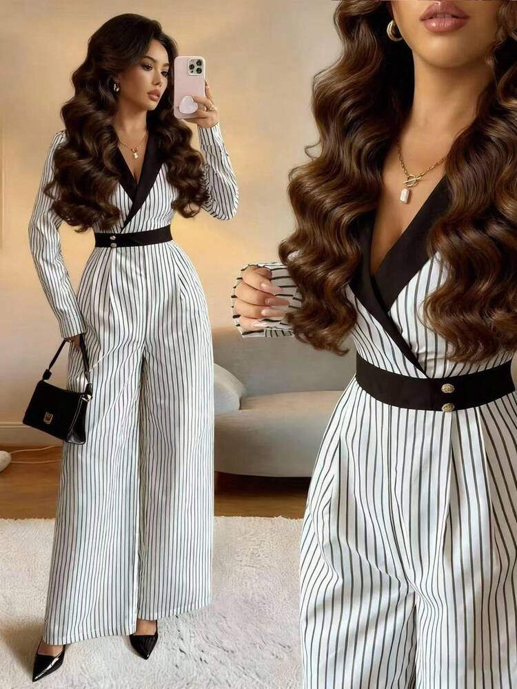 Rafferiza Women's Winter Commuter Black Patchwork Turndown Collar Long Sleeve Cinched Waist Striped Casual Jumpsuit - Black and White - View 1