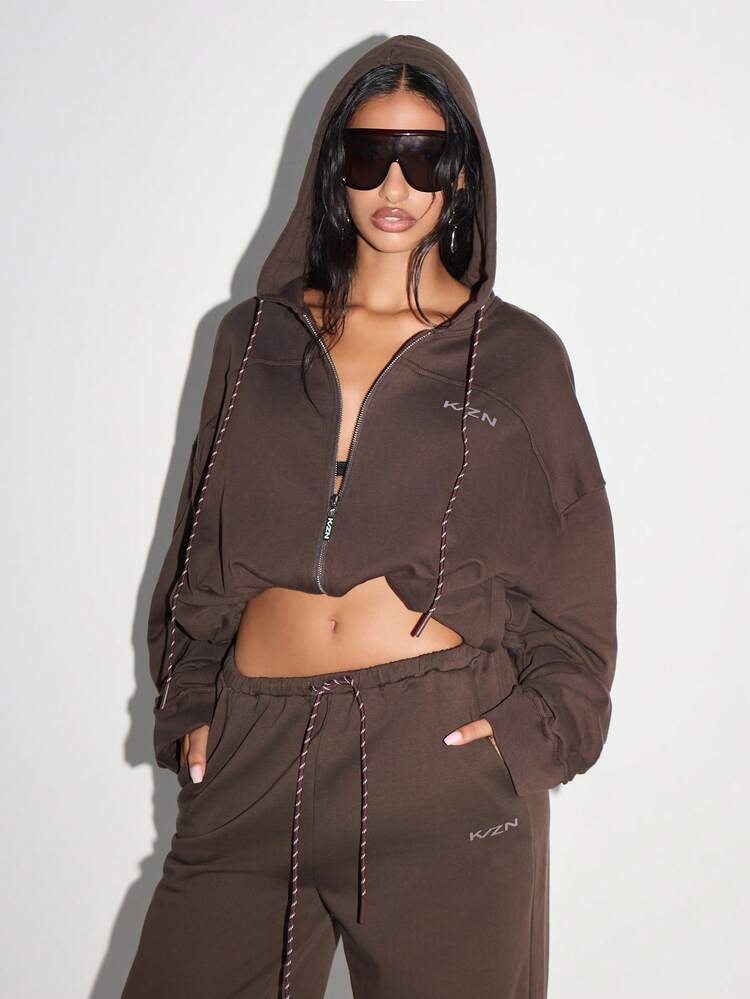 KIZN Cropped Full Zip Hoodie With Drawstring
