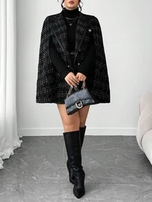 Elenzga 大码女式优雅披肩领长袖PU装饰外套，秋冬 - 黑色 - 查看 3