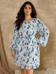 Flirla Plus Size Chiffon Printed Pleated Waist Decorative Dress, Spring/Autumn - Blue and White - View 5